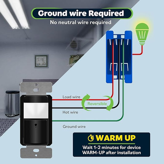 TOPGREENER Motion Sensor Switch, PIR Sensor with Ambient Light Level, Occupancy & Vacancy Modes, No Neutral Required, Ground Wire Required, 5A 150W LED/CFL Single Pole, TDOS5-JM-BK-2PCS, Black, 2 pack
