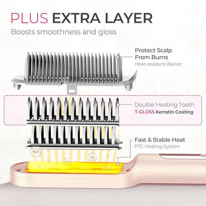 TYMO Ring Plus Ionic Hair Straightener Brush - Straightening Comb with Negative Ions for Women, Titanium Coating, 9 Temp Settings & LED Display, Dual Voltage, Professional Styling Tools, Gold Blush