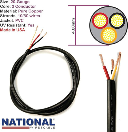 NATIONAL Wire & Cable – 20 AWG 3-Conductor Premium Copper Wire, 250 ft, Stranded | Made in USA, Flexible Jacket | Electronics, Controls, DIY Wiring, Indoor and Outdoor Use