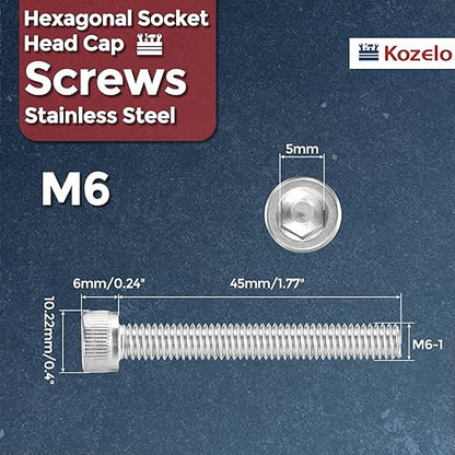 Kozelo 30pcs Socket Head Cap Screws - [M6-1 x 45mm] 304 Stainless Steel Allen Socket Drive for Electrical Motor 3D Printing Fan Engine Replacement Use, Silver