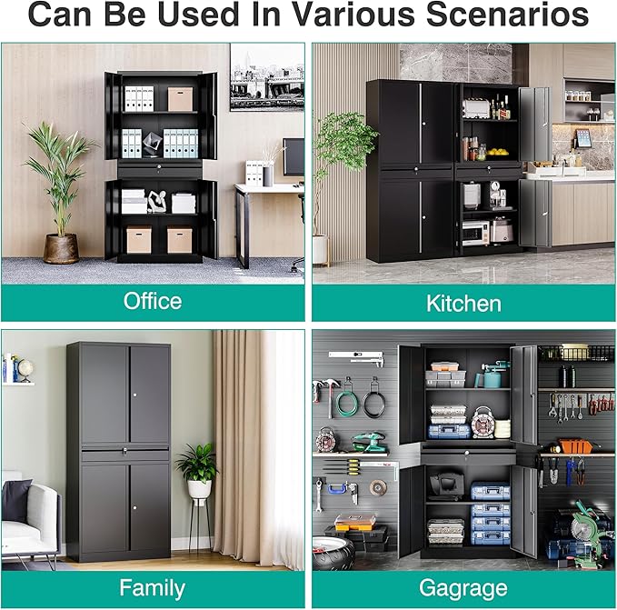 SISESOL Metal Garage Storage Cabinet with Drawer and Lock,Black Metal Storage Cabinet with Locking Doors and Adjustable Shelves,71" Tall Large Steel Tool Cabinets for Home,Office,Garage,Shop