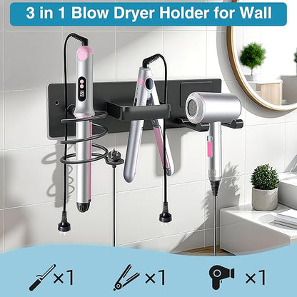 Dovyn Blow Dryer Holder Wall Mount, 3 in 1 Bathroom Hair Tool Organizer with Curling Iron Holder & Flat Iron Holder, Universal Hair Dryer Holder Rack Storage Matte Black