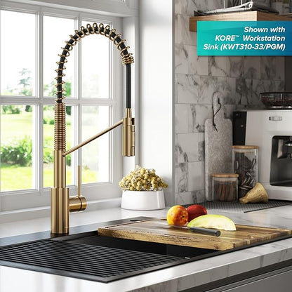 KRAUS Oletto Commercial Style Single Handle Pull Down Kitchen Faucet with QuickDock Top Mount Installation Assembly in Brushed Brass, KPF-2631BB