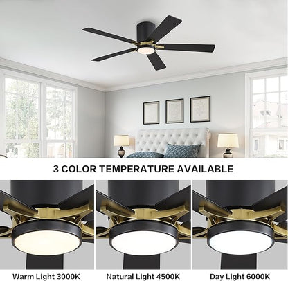 WINGBO 48" DC Flush Mount Ceiling Fan with Lights, 5 Plywood Blades, 6-Speed Reversible DC Motor, 3CCT, Low Profile Hugger Ceiling Fan for Living Room Bedroom Kitchen, Black and Brass