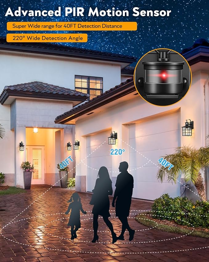 VIANIS Outdoor Wall Lights for House, 2 Pack Black Motion Sensor Porch Lanterns Wall Sconce, Modern Exterior Garage Light Fixtures Wall Mount, Waterproof Front Door Lights with Tempered Ripple Glass