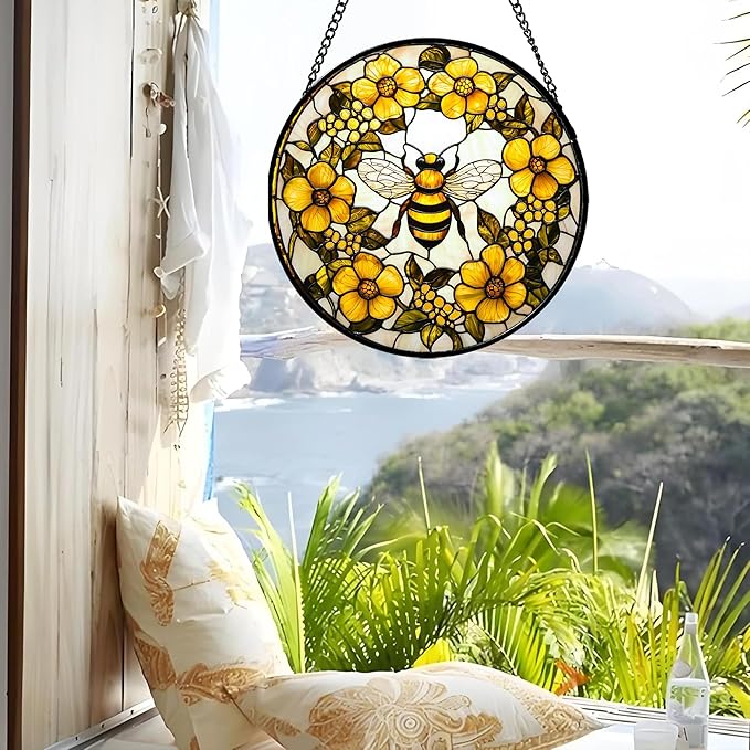 AMDERVEN Stained Glass Window Hanging - Yellow Flowers Surrounded by Bees Sun Catcher for Door Garden Home Decor Cute Suncatcher Christmas Mother's Day Birthday Gifts for Women Men Mom Nana 15 in