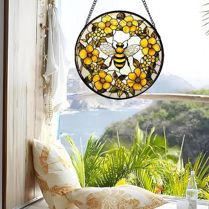 AMDERVEN Stained Glass Window Hanging - Yellow Flowers Surrounded by Bees Sun Catcher for Door Garden Home Decor Cute Suncatcher Christmas Mother's Day Birthday Gifts for Women Men Mom Nana 9.8 in