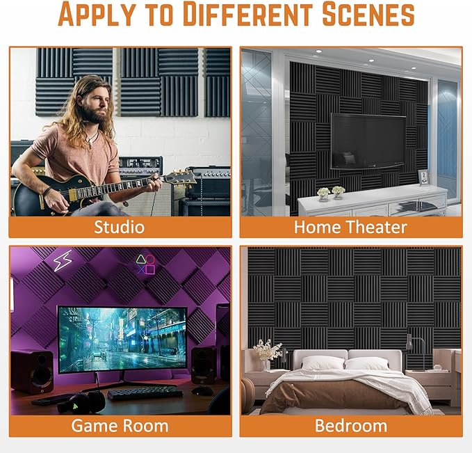 Saiqiang 56 Pack Acoustic Foam Panels, 1" x 12"x 12" Sound Proof Foam Panels For Wall Fire Resistant, Noise Cancelling Dampening Sound Absorbing Black Wedge Panels For Studio Recording & Office & Home