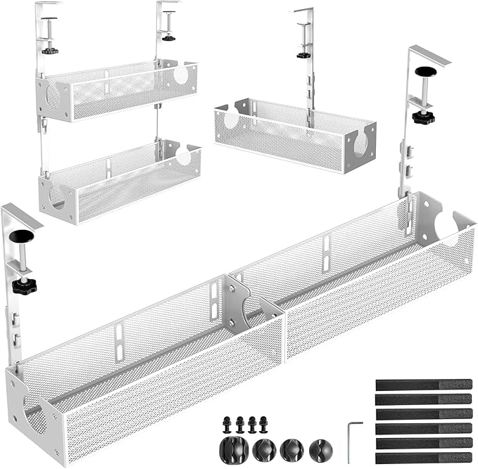 Multi-Model Under Desk Cable Management Tray 2 Packs Metal Under Desk Wire Management Clamp Mount Under Table Cord Management No Damage The Desk (White)