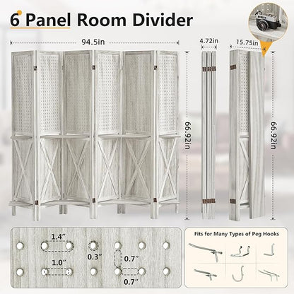 Aleesing 6 Panel Pegboard Display with 24 Hooks, Wooden Pegboard Room Divider Wall with Shelf, Partition Room Dividers and Folding Privacy Screens, Bedroom, Jewelry Store, White