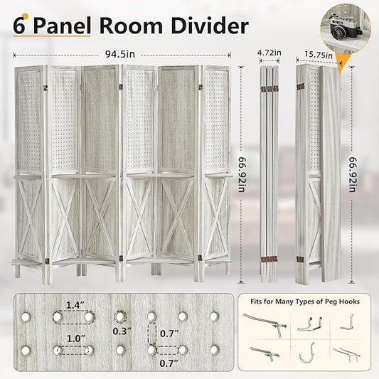 Aleesing 6 Panel Pegboard Display with 24 Hooks, Wooden Pegboard Room Divider Wall with Shelf, Partition Room Dividers and Folding Privacy Screens, Bedroom, Jewelry Store, White