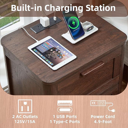 Joaxswe Farmhouse Nightstand Set of 2 with Charging Station, End Tables Bedroom with 2 Large Drawers & 4 Thickened Table Legs, Walnut