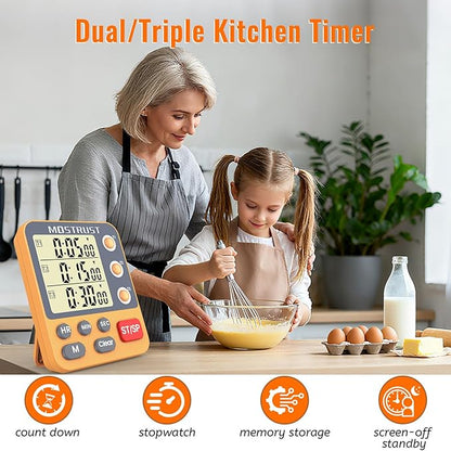 MOSTRUST Digital Dual Kitchen Timer, 3 Channels Countdown Triple Timer for Cooking, Magnetic Memory-Preset Large Display Adjustable Alarm Volume, Multi Times Management, 3A Battery Included, Orange