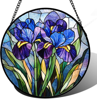 CRISGIF Stained Glass Window Hanging - Blue Purple Iris Flower Suncatcher for Door Garden Patio Sun Catchers Decor Christmas Mother's Day Birthday Gifts for Women Men Mom Nana Aunt Friend 15 in