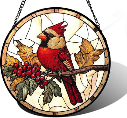 DASTOLL Stained Glass Window Hanging, Birds on a Branch Cardinal Sun Catchers Diamond Glass Panel Hangings Suncatcher Decor for Birthday for Women, Men, Wife, Aunt, and Mom 9.8X9.8IN