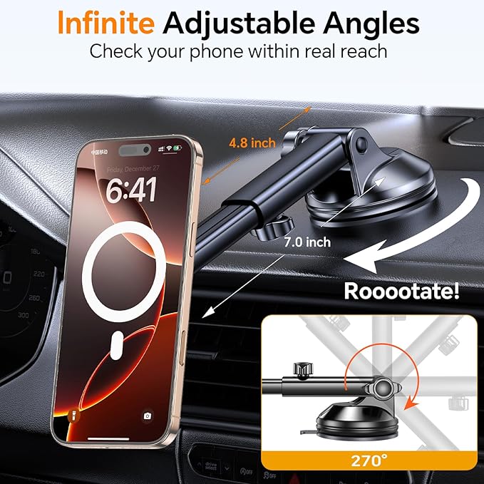Coolpow for MagSafe Car Mount【Windshield+Vent+Dash】Magnetic Phone Holder for Car Phone Holder Mount Cell Phone Holders for Your Car Accessories Suction Cup Stand for Garmin GPS Fit iPhone 16 15 14 13
