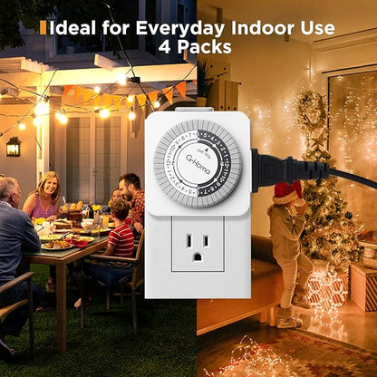 G-Homa Timers for Electrical Outlets 4 Packs,24 Hour Indoor Plug-in Mechanical Timer,30 Minute Intervals, Daily On/Off Cycle,1 Polarized Outlet, for Grow Light,Christmas Lights, Lamps ETL Listed