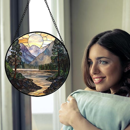 AMDERVEN Stained Glass Window Hanging, Sunset Mountains Lake Tree Sun Catcher for Window Home Decor Landscape Suncatcher Mother's Day Birthday Gifts for Women Men Mom and Nana 9.8 in