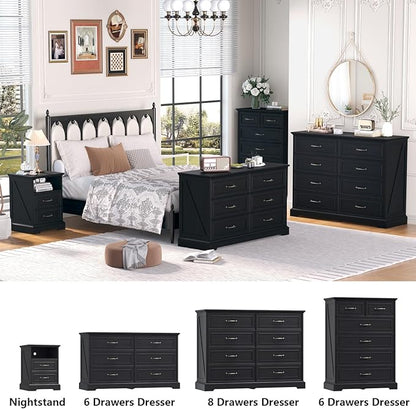 Nightstand with Charging Station Set of 2,18" Wide End Table with 2 Large Drawers & Metal Handles,Farmhouse Wood Small Dresser,Bedside Table,Modern Chest of Drawers for Bedroom,Living Room,Black