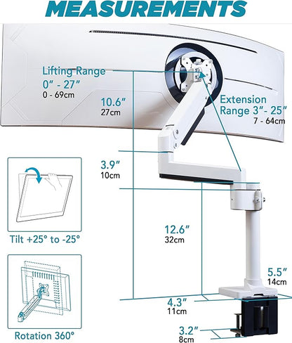 ULTRARM Heavy Duty Monitor Arm for Ultrawide Monitors up to 57" and 44 lbs, Single Desk Stand, Pneumatic Height Adjustable, Modular Extension Arms - Max VESA 100x100, White, MA20PW-S