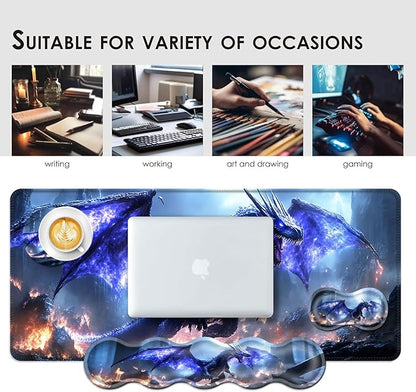 BFUKVOU Large Keyboard Mouse Pad Set, Extended Mouse Pad+Keyboard Wrist Rest Support, Memory Foam Ergonomic Easy Typing, 4Pcs (31.5×11.8 in) Desk Pad Set for Office Home,Fantasy Dragon
