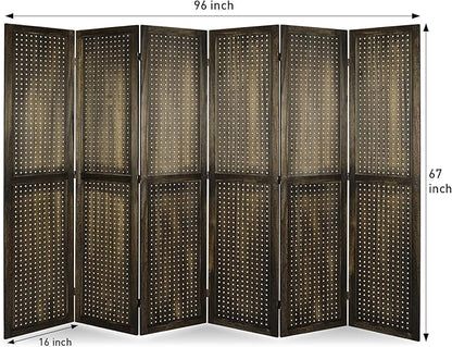 ECOMEX 6 Panel Room Divider, 5.6Ft Pegboard Display Wooden Room Divider Folding Privacy Screen Room Divider Freestanding Peg Board Display for Trade Show Craft Show Home Wall Organizer, Retro Brown