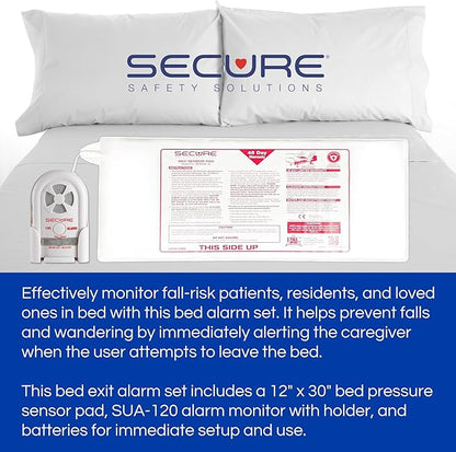 Secure Bed Exit Alarm for Elderly Adults Fall Prevention - 80-120 dB Monitor,12x30 Weight Sensing Pressure Pad - Caregiver Alert System for Seniors, Dementia Patients to Know When They Get Up