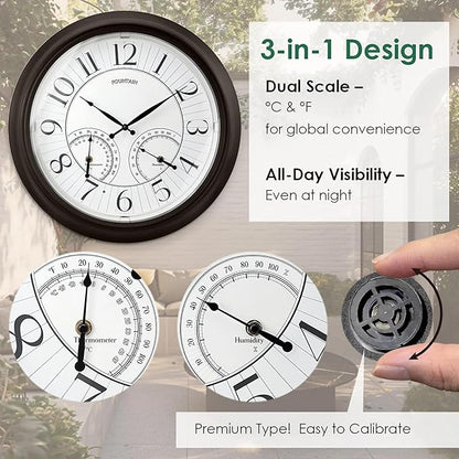 FOUNTAIN DESIGNS 18 Inch Illuminated in/Outdoor Clock with Smart Sensor and Night Light, Waterproof, Large Wall Clock with Thermometer & Hygrometer for Patio,Pool and Garden Decor,Oil Rubbed Bronze