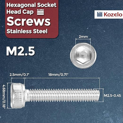 Kozelo 50pcs Socket Head Cap Screws - [M2.5-0.45 x 18mm] 304 Stainless Steel Allen Socket Drive for Electrical Motor 3D Printing Fan Engine Replacement Use, Silver