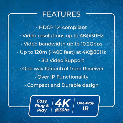 OREI 4K HDMI Extender Over IP CAT6-4K@30Hz One to Many Upto 400 Feet, Loop Out - Send to Multiple Location Over 1G Switch (HDS-EXM400-K)