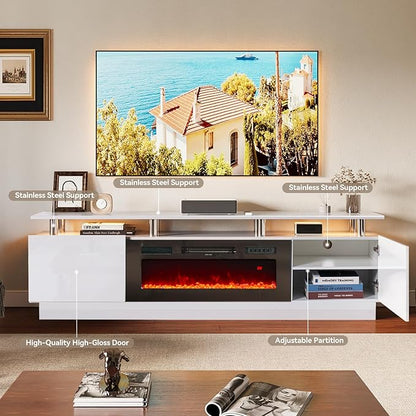 oneinmil Fireplace TV Stand with 36” Electric Fireplace, 80” 2 Tier TV Console Stand for TVs Up to 90"", LED Light Entertainment Center, Fireplace for The Living Room TV Stand, White, H21014WH-80