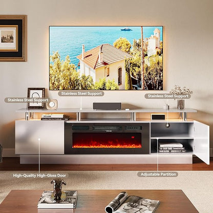 oneinmil Fireplace TV Stand with 36” Electric Fireplace, 80” 2 Tier TV Console Stand for TVs Up to 90", LED Light Entertainment Center, Fireplace for The Living Room TV Stand, Gray