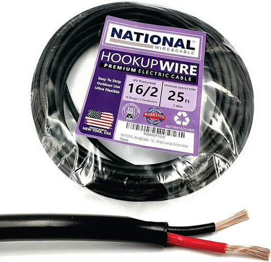NATIONAL Wire & Cable – 16 AWG 2-Conductor Premium Copper Wire, 25 ft, Stranded | Made in USA, Heavy-Duty Flexible Jacket | LED, Lights, DIY Projects, Low Voltage Wiring, Indoor and Outdoor Use