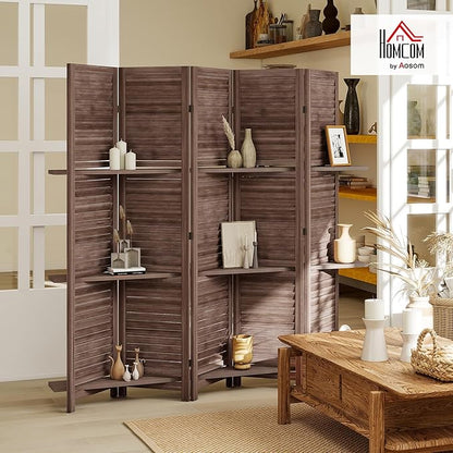 HOMCOM Room Divider, 5 Panel 67" Tall Wood Privacy Screen with 3 Display Shelves, and Folding Storage for Bedroom or Home Office, Walnut