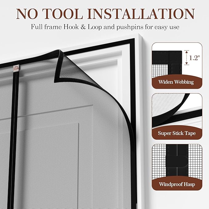 Yotache Magnetic Screen Door Fits Door Size 36 x 92, Screen Size 38" x 93" Strengthened Fiberglass Mesh with Full Frame Hook & Loop Black