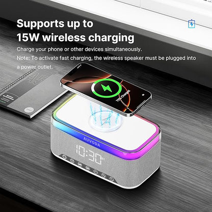 AUVODA S300 Portable Bluetooth Speaker with 15W Fast Wireless Charging, 13-Color Dimmable Night Light, White Noise, Alarm, FM Radio, 16W Stereo, BT5.3, TWS, for Home, Office, Bedroom (White)