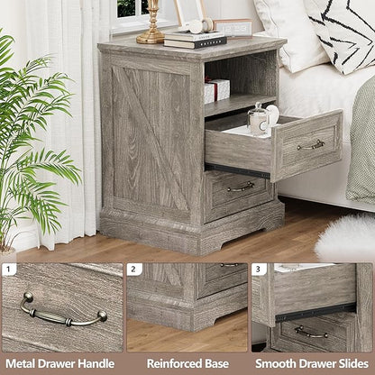 Nightstand with Charging Station,18" Wide End Table with 2 Large Drawers & Metal Handles,Rustic Farmhouse Wood Small Dresser,Bedside Table,Modern Chest of Drawers for Bedroom,Living Room,Dark Grey