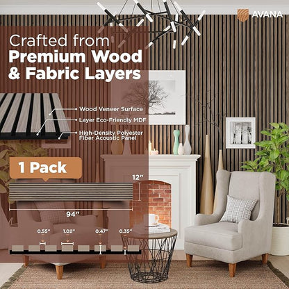 Avana Modern Acoustic Wood Wall Panels – 94.4 X 12.6 Inch Walnut Acoustic Panels 1 PC – Wall Panels For Interior Wall Decor For Homes, Offices, Studios – Sturdy And Durable Wood Panels For Wall