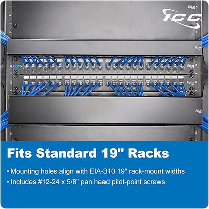 ICC 2U Ring Cable Manager Panel with Cover, Metal, 3" D-Rings, Horizontal Cable Management, Rackmount for 19” Network Racks, Black, 6-Pack
