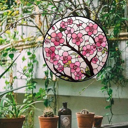 CRISGIF Stained Glass Window Hanging - Cherry Blossoms Birth Flower Suncatcher for Door Garden Patio Sun Catchers Decor Christmas Mother's Day Birthday Gifts for Women Mom Nana Friend Wife 7.8 in