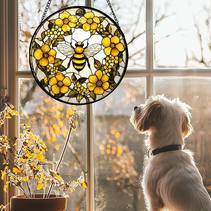 AMDERVEN Stained Glass Window Hanging - Yellow Flowers Surrounded by Bees Sun Catcher for Door Garden Home Decor Cute Suncatcher Christmas Mother's Day Birthday Gifts for Women Men Mom Nana 6.3 in