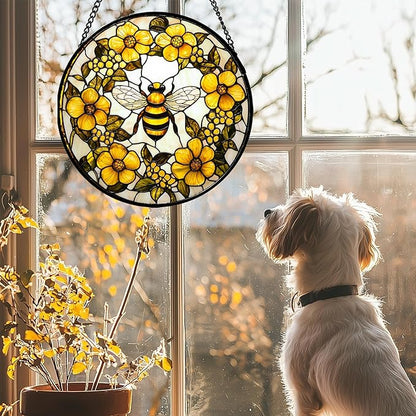 AMDERVEN Stained Glass Window Hanging - Yellow Flowers Surrounded by Bees Sun Catcher for Door Garden Home Decor Cute Suncatcher Christmas Mother's Day Birthday Gifts for Women Men Mom Nana 6.3 in