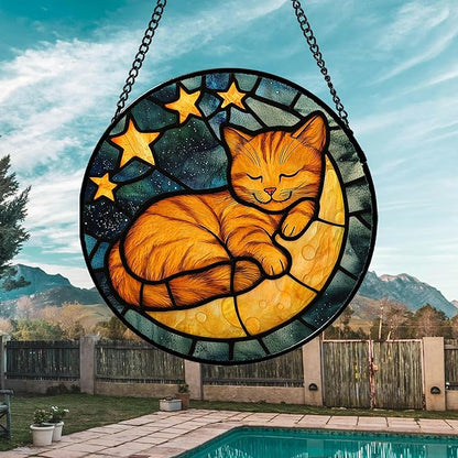 AMDERVEN Stained Glass Window Hanging - Orange Cat Sun Catcher for Door Home Decor Stars and Moon Suncatcher Christmas Mother's Day Birthday Loss of a Pet Gifts for Women Men Mom Nana 6.3 in