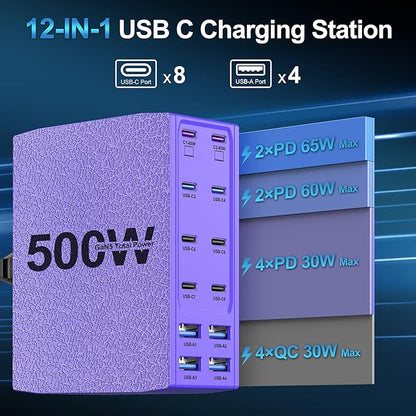 500W USB C Charger Block, 12-Port USB C Charging Station for Multiple Devices, Leather Texture Dual PD 65W Laptop Fast Charger Compatible with MacBook Pro/Air, iPad, iPhone,Galaxy and More,Purple
