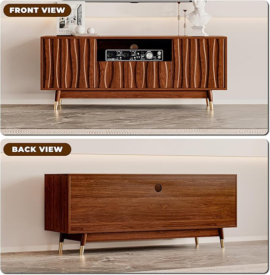 ATJafurn 55‘’ Brown Walnut Finish TV Stand for 32/43/55 Inch TVs, Mid Century Modern Wood Media Console Entertainment Center with Drawer and 2 Cabinets for Living Room Bedroom