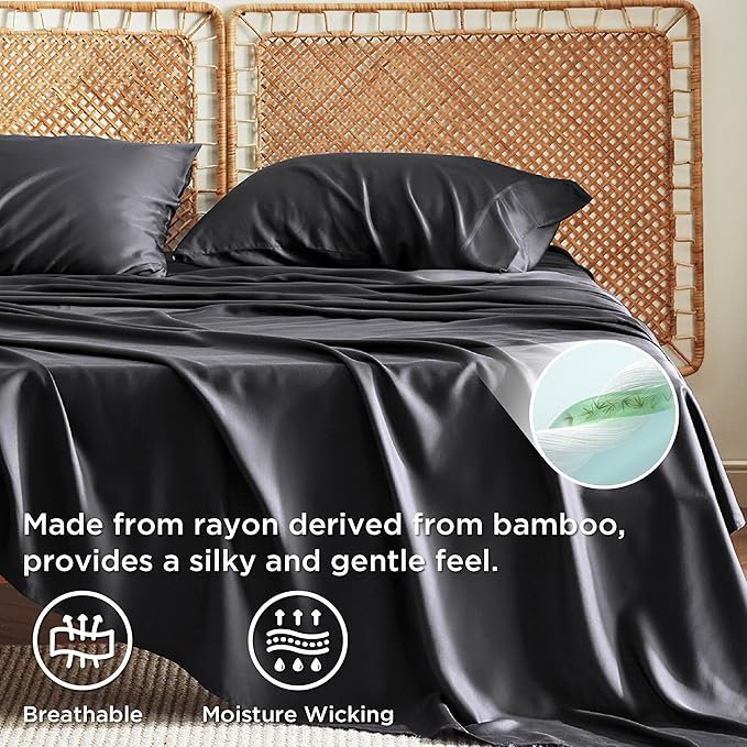 Bedsure Queen Sheets, Rayon Derived from Bamboo, Queen Cooling Sheet Set, Deep Pocket Up to 16", Breathable & Soft Bed Sheets, Hotel Luxury Silky Bedding Sheets & Pillowcases, Black