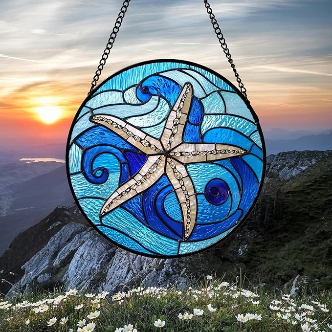 DASTOLL Stained Glass Window Hanging 4 Pcs Set Blue Ocean Waves 6.3" - Starfish Crab Seal Suncatcher Door Garden Sun Catcher Decor Birthday for Mom Woman Nana Men Friend