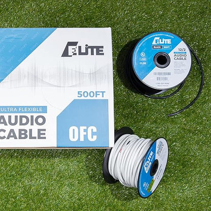 Elite 12/2 Speaker Wire 100ft, UL Listed, CMR/CL3R, (Riser/in-Wall & Outdoor/In-Ground (Direct Burial)- 100% Oxygen Free Pure Bare Copper (OFC), 12AWG/2-Conductor, 100ft Bulk Cable (65 Strands) White