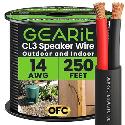 GEARit Outdoor Speaker Wire CL3 Rated, 14 Gauge Speaker Wire, Speaker Cable 250 ft for Outdoor Speakers, Patio, Garden, Backyard Audio, Direct Burial in Ground/in Wall, OFC (Black, 2-Conductors)