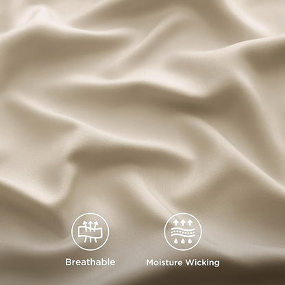 Bedsure Queen Sheet Set, Rayon Derived from Bamboo, Cooling Sheets, Deep Pocket Up to 16", Breathable & Soft, Hotel Luxury Silky Bedding for Hot Sleepers, Beige